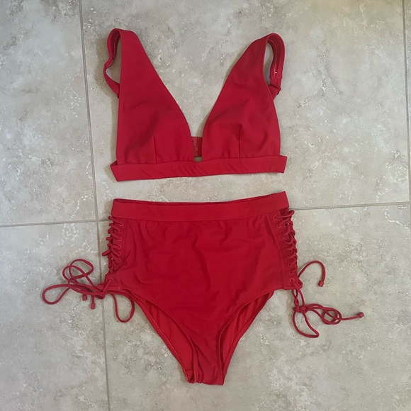 Zimmermann Red Tri Plunge Top & High Waist Bikini Set w/ Lace Up Side - Picture 2 of 9